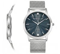 Perry Ellis Slim Diamond - Reloj para hombre, esfera azul redonda, correa de malla de aleación plateada, resistente al agua, analógico, Plateado, Talla única