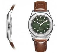 Perry Ellis Slim Diamond - Reloj para hombre - Esfera octagonal verde Sunray, correa de cuero marrón, acabado plateado, resistente al agua, Plateado, Talla única