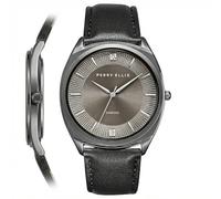 Perry Ellis Slim Diamond - Reloj para hombre, esfera redonda gris con rayos solares, correa de cuero negro, resistente al agua, analógico