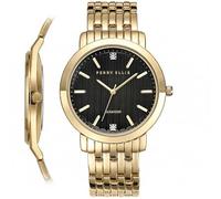 Perry Ellis Slim Diamond - Reloj para hombre, esfera redonda negra, correa de aleación dorada, resistente al agua, analógico