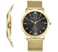 Perry Ellis Slim Diamond - Reloj para hombre, esfera redonda negra, correa de malla de aleación dorada, resistente al agua, analógico