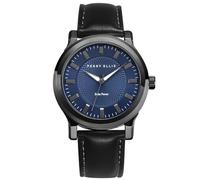 Perry Solar - Reloj para hombre, esfera azul redonda, correa de cuero negro, resistente al agua, analógico