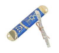 PERSELOSO Mezuzá Pergamino para Puerta de Metal Dorado y Azul, Placa Religiosa para Decoración y Protección del Hogar, Accesorio Artesanal de Tradición Judía