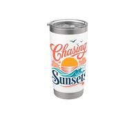 Persiguiendo puestas de sol, estilo retro, playa y ambiente costero Vaso térmico de acero inoxidable de doble pared