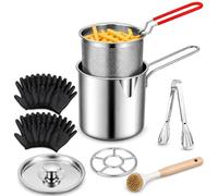 Personal Mini Deep Fryer Set, Mini 304 Stainless Steel Deep Fryer Pot with Basket, Deep Fryers Set with Handle & Strainer Basket, for Frying Fish Shrimp Chicken and Fries (1SET+brush+10 gloves)