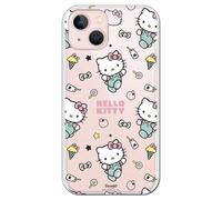 Personalaizer Funda Silicona Flexible Transparente para iPhone 15 con Diseño de Hello Kitty y Patrón de Stickers - Estilo Kawaii - Carcasa TPU