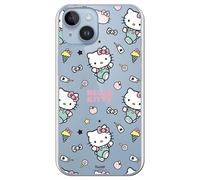 Personalaizer Funda Silicona Flexible Transparente para iPhone 15 Plus con Diseño de Hello Kitty y Patrón de Stickers - Estilo Kawaii - Carcasa TPU