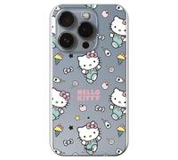 Personalaizer Funda Silicona Flexible Transparente para iPhone 15 Pro con Diseño de Hello Kitty y Patrón de Stickers - Estilo Kawaii - Carcasa TPU