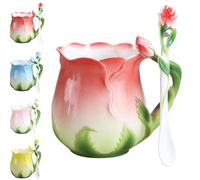 Personality Creative 3D Flower Shape Teacups, 1 Pc Enamel Ceramic Coffee Mug, Pastoral 4 Colors Breakfast Milk Cups with Spoon Cup Set for Home Office Couple