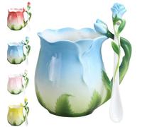 Personality Creative 3D Flower Shape Teacups, 1 Pc Enamel Ceramic Coffee Mug, Pastoral 4 Colors Breakfast Milk Cups with Spoon Cup Set for Home Office Couple