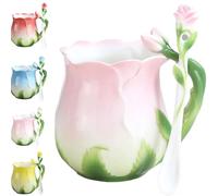 Personality Creative 3D Flower Shape Teacups, 1 Pc Enamel Ceramic Coffee Mug, Pastoral 4 Colors Breakfast Milk Cups with Spoon Cup Set for Home Office Couple