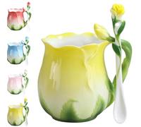 Personality Creative 3D Flower Shape Teacups, 1 Pc Enamel Ceramic Coffee Mug, Pastoral 4 Colors Breakfast Milk Cups with Spoon Cup Set for Home Office Couple