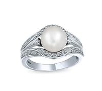 Personaliza Anillo de Compromiso de Declaración de Cóctel con Perla Blanca de Agua Dulce de Estilo Art Deco Nupcial para Mujeres con Pavé de Triple Banda Dividida en Plata de Ley .925 Personalizable
