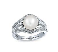 Personaliza Anillo de Compromiso de Declaración de Cóctel con Perla Blanca de Agua Dulce de Estilo Art Deco Nupcial para Mujeres con Pavé de Triple Banda Dividida en Plata de Ley .925 Grabado