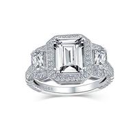 Personaliza Anillo de Compromiso de Estilo Art Deco Vintage de 3CT AAA CZ Halo Rectangular Corte Esmeralda para Mujer con Piedras Laterales de Baguette CZ en Plata de Ley .925 Personalizable