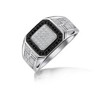 Personaliza Anillo de Compromiso para Hombre con Diseño Geométrico Micro Pavé Halo Cuadrado Bicolor Blanco Negro CZ Circonita Cúbica Declaración para Hombres .925 Plata de Ley Personalizable