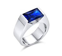 Personaliza Anillo de Compromiso para Hombre de Acero Inoxidable en Tono Plateado con Corte Esmeralda de Zafiro Azul Simulado o Circón Cúbico Transparente de 4CTW Geométrico Simple AAA CZ