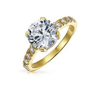 Personaliza anillo de compromiso solitario redondo brillante 4CT AAA CZ para mujer .925 plata de ley chapado en oro amarillo de 14K circonita cúbica pavé piedra lateral banda de 2MM personalizable
