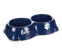 Personalizable comedero Doble Leno Classic 2×330 ml Azul-Soporte de plástico con 2 Cuencos Integrados-Antideslizante & Apto para lavavajillas-para Perros y Gatos - Personalizado con Nombre-Petslino