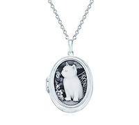 Personalizada Personalizada Grabada Sostiene La Imagen De Estilo Antiguo De La Vendimia Simulado Negro Blanco Ónix Sentado Gatito Oval Cat Cameo Foto Relicario Collar Adolescente .925 Plata Esterlina
