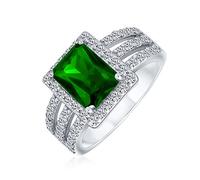 Personalizar El Estilo Art Deco 3Ct Rectángulo Aaa Cz Verde Esmeralda Cortar Halo Anillo De Compromiso Para Mujer Banda Ancha .925 Plata De Ley Personalizable