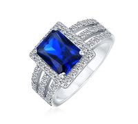 Personalizar Estilo Art Deco 3Ct Rectángulo Aaa Cz Zafiro Real Azul Esmeralda Corte Halo Anillo De Compromiso Para Las Mujeres De Banda Ancha .925 Plata Esterlina Personalizable