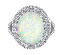 Personalizar Estilo Vintage Piedra Preciosa Iridiscente Blanco Creado Ópalo Large Oval Split Shank Pave Cz Acento Doble Halo Collar Llamativo Mujeres .925 Plata De Ley Octubre Piedra De Nacimiento