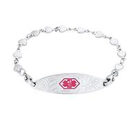 Personalizar Femenino Estilo Antiguo Floral Hoja Pergamino Etiqueta Rosa Médico Alerta Id Corazón Enlace Cadena Pulsera Delgado Grabar Para Mujeres Tono Plata Acero Inoxidable 7.5 Inchcustomizable