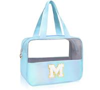 Personalized Initial Clear Makeup Bag Blue Cosmetic Bag Set Large Travel Toiletry Bag, Cute Clear Make Up Bags Organizer Bag for Girlfriend Teacher Gifts Teen Girl Gifts Trendy Stuff M (Blue)