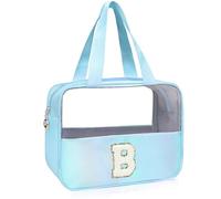 Personalized Initial Clear Makeup Bag Blue Cosmetic Bag Set Large Travel Toiletry Bag, Cute Clear Make Up Bags Organizer Bag for Girlfriend Teacher Gifts Teen Girl Gifts Trendy Stuff B (Blue)