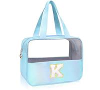 Personalized Initial Clear Makeup Bag Blue Cosmetic Bag Set Large Travel Toiletry Bag, Cute Clear Make Up Bags Organizer Bag for Girlfriend Teacher Gifts Teen Girl Gifts Trendy Stuff K (Blue)