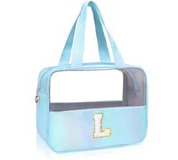 Personalized Initial Clear Makeup Bag Blue Cosmetic Bag Set Large Travel Toiletry Bag, Cute Clear Make Up Bags Organizer Bag for Girlfriend Teacher Gifts Teen Girl Gifts Trendy Stuff L (Blue)