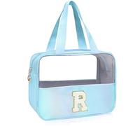 Personalized Initial Clear Makeup Bag Blue Cosmetic Bag Set Large Travel Toiletry Bag, Cute Clear Make Up Bags Organizer Bag for Girlfriend Teacher Gifts Teen Girl Gifts Trendy Stuff R (Blue)
