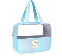 Personalized Initial Clear Makeup Bag Blue Cosmetic Bag Set Large Travel Toiletry Bag, Cute Clear Make Up Bags Organizer Bag for Girlfriend Teacher Gifts Teen Girl Gifts Trendy Stuff S (Blue）