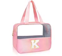 Personalized Initial Clear Makeup Bag Pink Cosmetic Bag Set Large Travel Toiletry Bag, Cute Clear Make Up Bags Organizer Bag for Girlfriend Teacher Gifts Teen Girl Gifts Trendy Stuff K (Pink)
