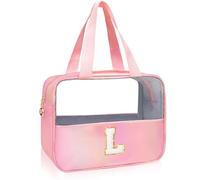 Personalized Initial Clear Makeup Bag Pink Cosmetic Bag Set Large Travel Toiletry Bag, Cute Clear Make Up Bags Organizer Bag for Girlfriend Teacher Gifts Teen Girl Gifts Trendy Stuff L (Pink)