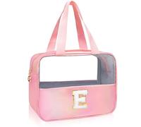 Personalized Initial Clear Makeup Bag Pink Cosmetic Bag Set Large Travel Toiletry Bag, Cute Clear Make Up Bags Organizer Bag for Girlfriend Teacher Gifts Teen Girl Gifts Trendy Stuff E (Pink)