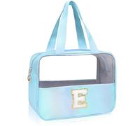 Personalized Initial Clear Makeup Bag Purple Cosmetic Bag Set Large Travel Toiletry Bag, Cute Clear Make Up Bags Organizer Bag for Girlfriend Teacher Gifts Teen Girl Gifts Trendy Stuff E（Blue）