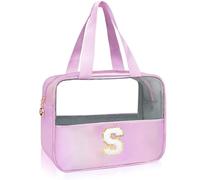Personalized Initial Clear Makeup Bag Purple Cosmetic Bag Set Large Travel Toiletry Bag, Cute Clear Make Up Bags Organizer Bag for Girlfriend Teacher Gifts Teen Girl Gifts Trendy Stuff S（Purple）