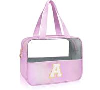 Personalized Initial Clear Makeup Bag Purple Cosmetic Bag Set Large Travel Toiletry Bag, Cute Clear Make Up Bags Organizer Bag for Girlfriend Teacher Gifts Teen Girl Gifts Trendy Stuff A (purple)