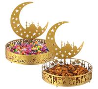 Perthlin 2 Piezas Bandeja de Ramadán Eid Bandejas de Ramadan Eid Mubarak en Forma de Luna Bandejas Redondas de Metal para Postres Musulmanes Ramadan Mubarak Postres Tartas Bandejas Decorativas