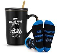 Perthlin Regalos para Ciclistas Taza de Bicicleta de 340 ml con Tapa y Cuchara Calcetines de ICH WÜRDE LIEBER FAHRRAD FAHREN Calcetines Divertidos con Estampado de Bicicletas Tarjetas de Felicitación