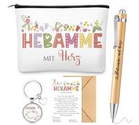 Perthlin Set de 5 Regalos de Partera Incluido Hebamme mit Herz Bolsa de Cosméticos Llavero de Partera Bolígrafo de Madera Tarjeta con sobre Gracias Regalo para Partera(Patrón de Flores)