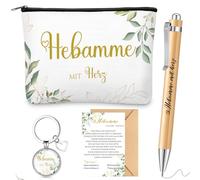 Perthlin Set de 5 Regalos de Partera Incluido Hebamme mit Herz Bolsa de Cosméticos Llavero de Partera Bolígrafo de Madera Tarjeta Gracias Regalo para Partera