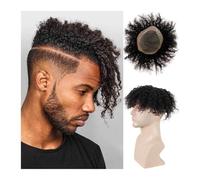Perücke Herren - Tupé rizado tipo afro para hombres negros, sistema de reemplazo de cabello humano Remy, con encaje mono con poliuretano alrededor de color negro, transpirable, rizado afro, piezas de