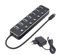 Pesderty Adaptador de Corriente USB 3.0 7 Puertos AleacióN de Aluminio Splitter Hub USB Hub 3.0 USB Multi Extender Switch 1.2M Cable Hub Enchufe de la UE B