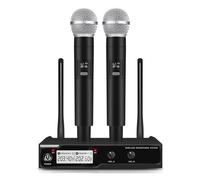 Pesderty MicróFono InaláMbrico de Mano de Doble Canal VHF A Dos MicróFonos para Karaoke, Boda, Fiesta, Banda, Iglesia, Enchufe Europeo