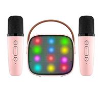 Pesderty Mini MáQuina de Karaoke con 2 MicróFonos InaláMbricos para NiñOs Adultos, 18 Canciones Precargadas, Bluetooth PortáTil, Rosa