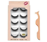 Pesderty PestañAs de VisóN SintéTico 3D PestañAs Postizas Naturales Esponjosas de Volumen Lujoso Hechas una Mano 5 Pares con Pinzas 00