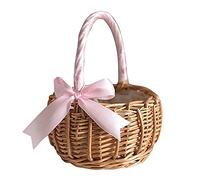 Pesfehhy Cesta de Mimbre Tejida para Flores, con Asa y Cinta Rosa, Cestas de Flores para Boda, para DecoracióN del JardíN del Hogar (S)